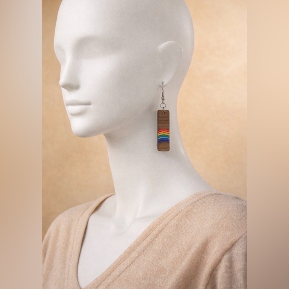 Handmade Wooden Rainbow Boho Dangle Earrings Hand Painted & Engraved Y2K Summer - Picture 2 of 9